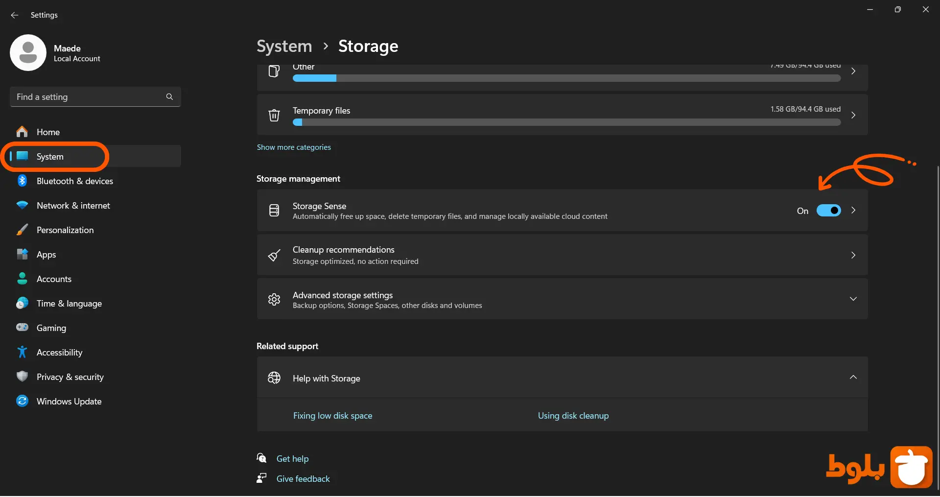 ترفند ۵ فعال کردن Storage sense در ویندوز ۱۱