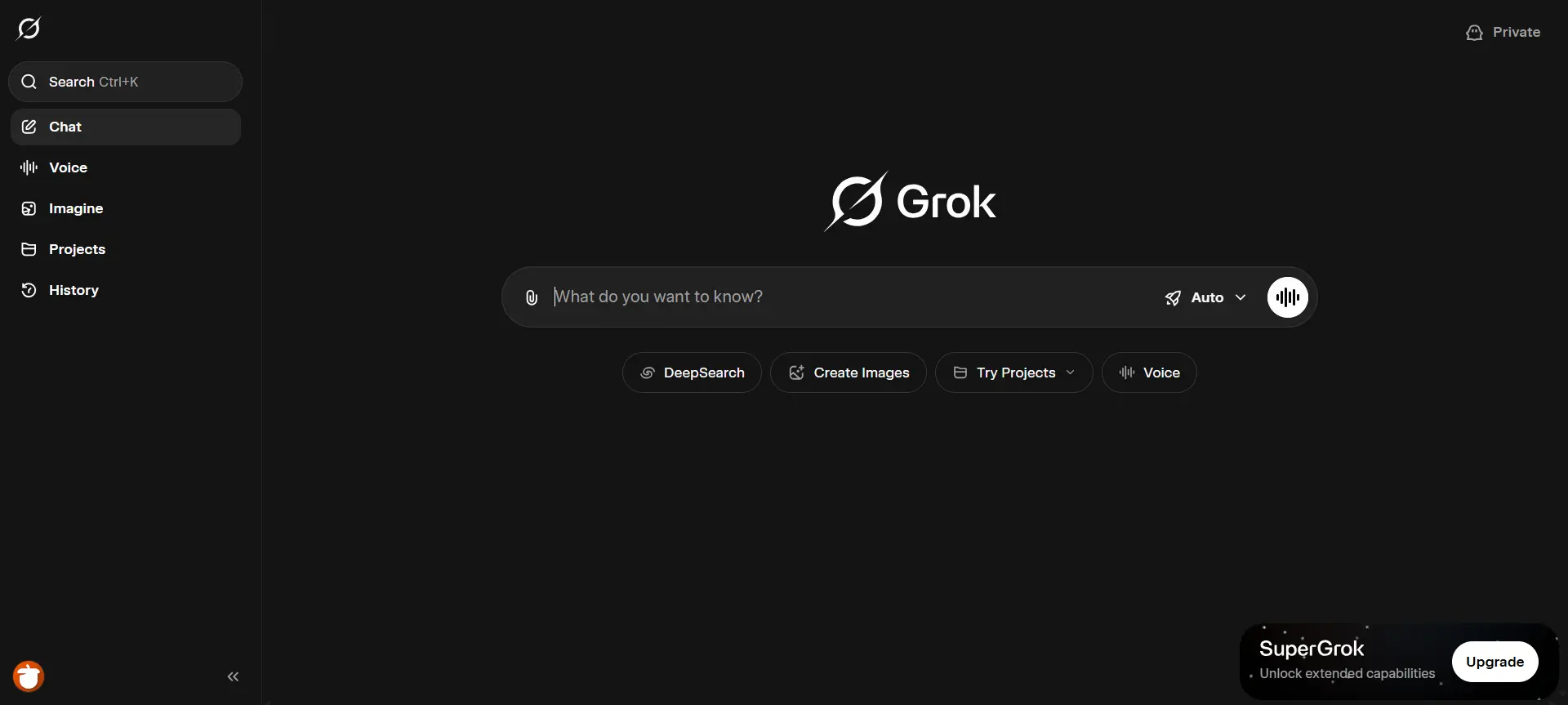 محیط هوش مصنوعی چت بات گروک در grok.com