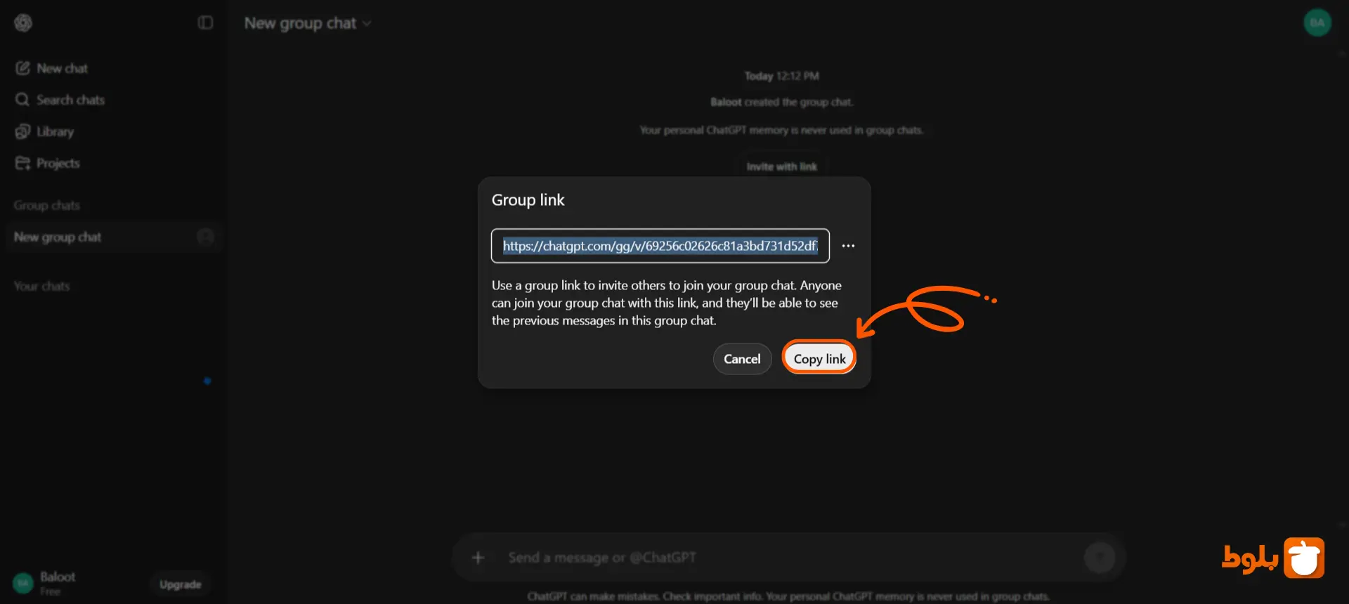 مراحل ساخت گروه در چت جی پی تی : ۳. کلیک روی گزینه copy link برای ارسال لینک چت به دوستان