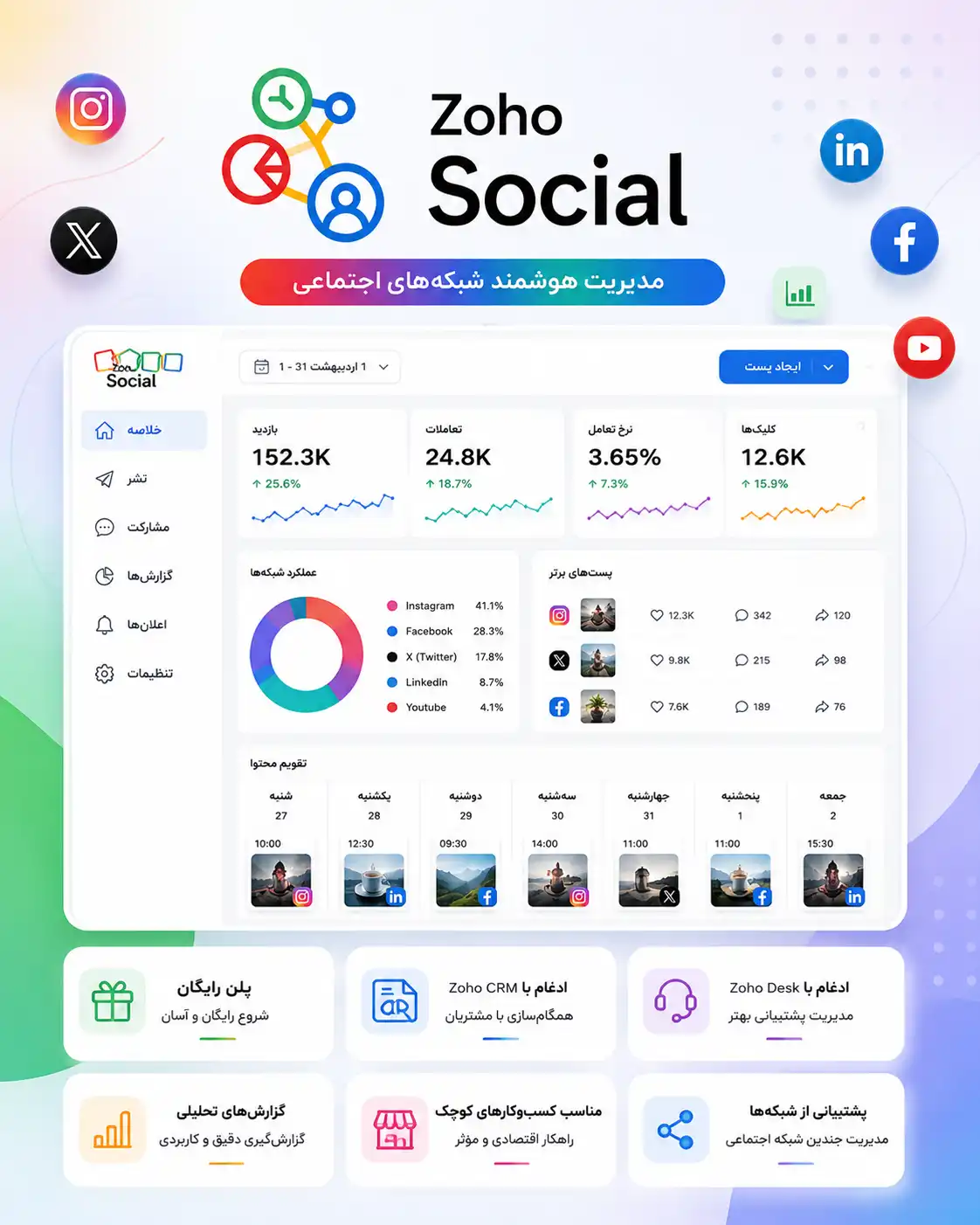  Zoho Social
 بهترین ابزار مدیریت شبکه‌های اجتماعی برای کسب‌وکارهای کوچک