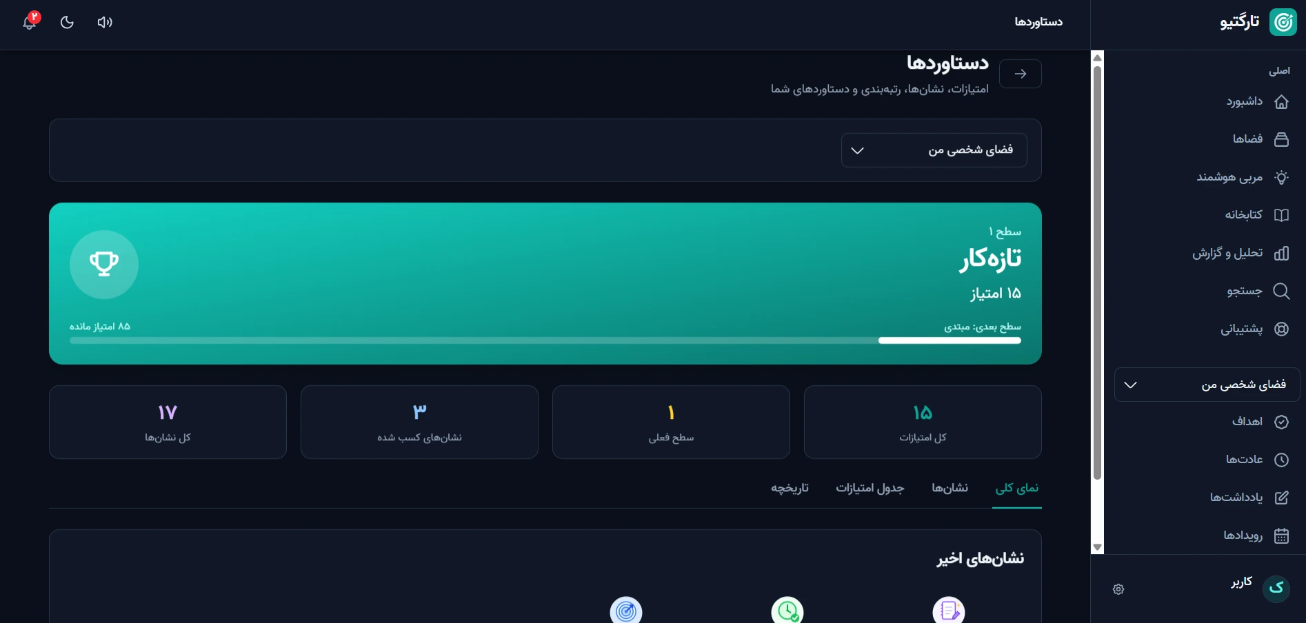 صفحه دستاوردها در تارگتیو