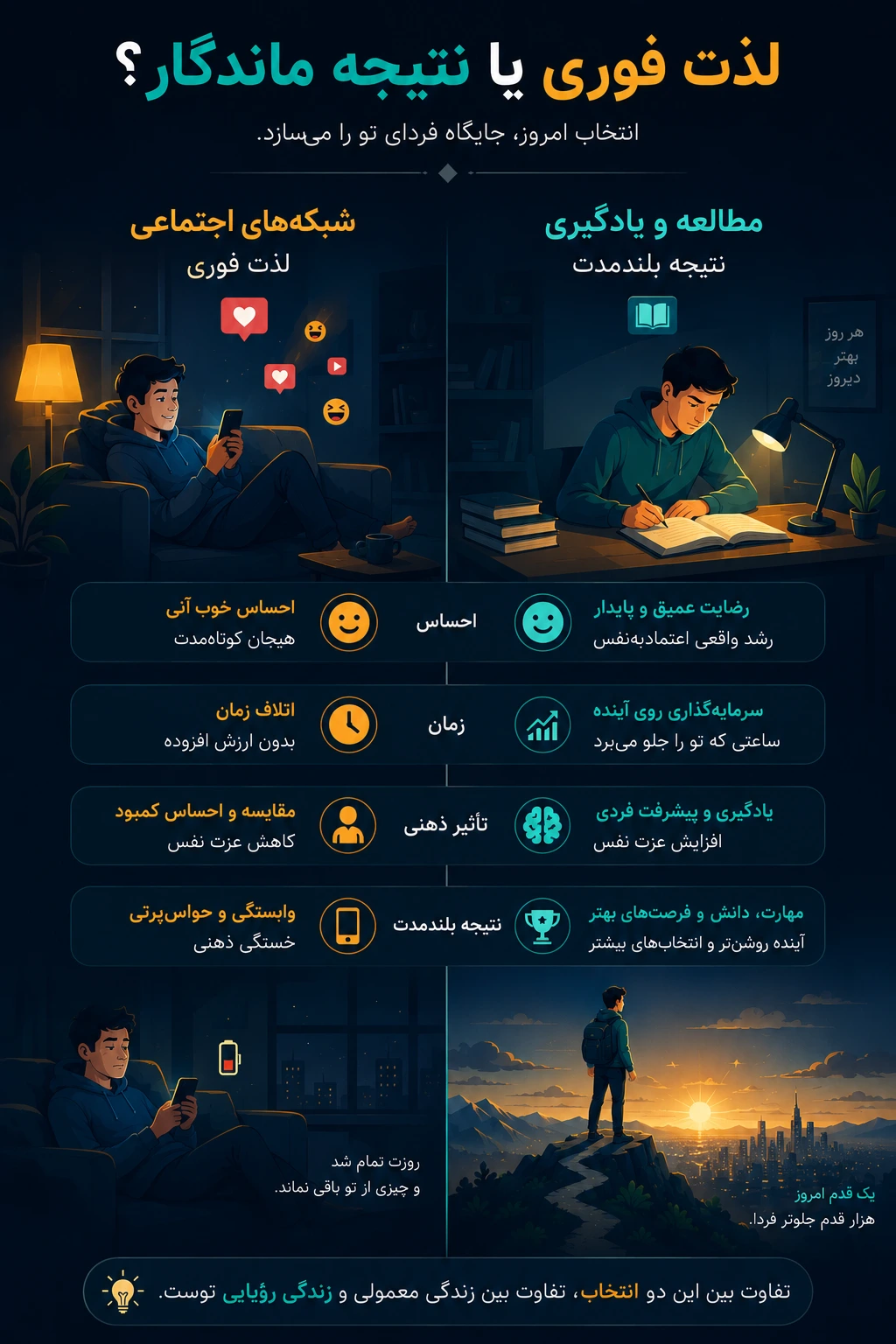 مقایسه لذت فوری استفاده از شبکه‌های اجتماعی و نتیجه بلندمدت مطالعه