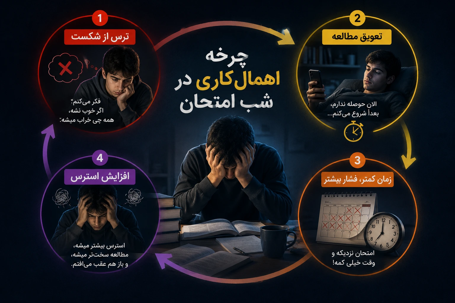 چرخه ارتباط بین ترس از شکست، تعویق مطالعه و افزایش استرس امتحان