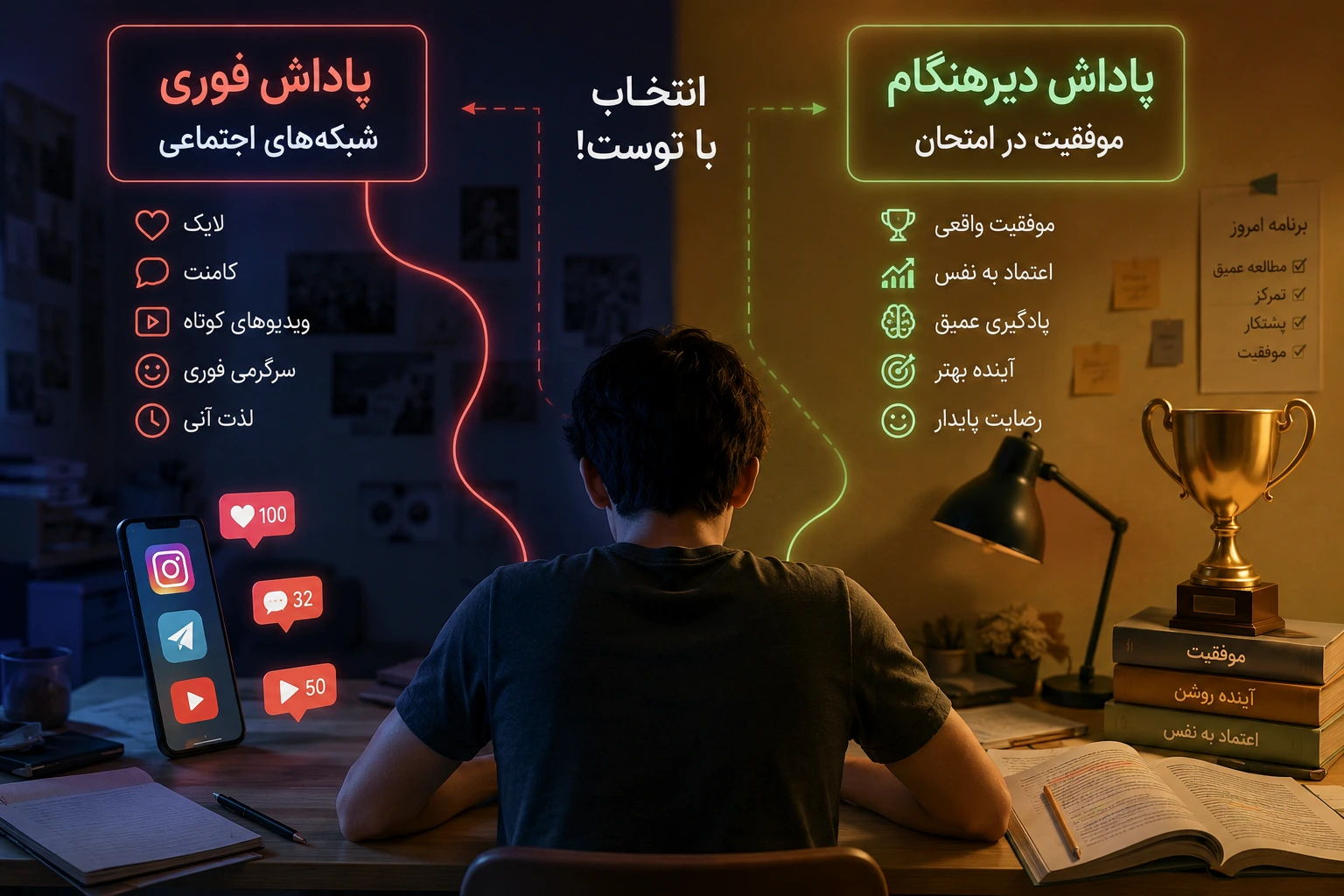 مقایسه بصری پاداش فوری شبکه‌های اجتماعی با پاداش دیرهنگام موفقیت در امتحان